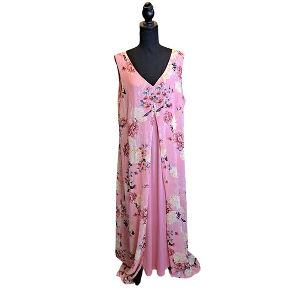 JM Collection Maxi Dress With Overlay Womens XL Pink Floral Sleeveless V-neck - Picture 1 of 8